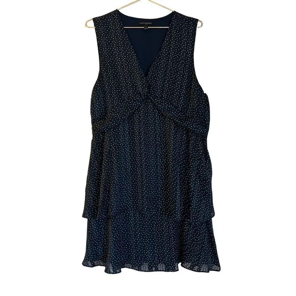 Banana Republic White Navy Blue Pinstripe Sleeveless V Neck Tiered Dress